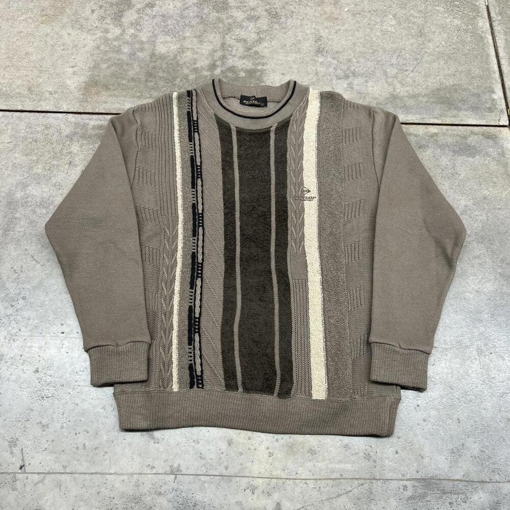 vintage dunlop motorsports beige brown and white striped sweater size large